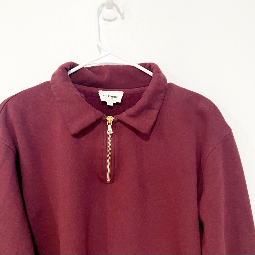 Octobre Editions Sezane Men’s Nichols Burgundy Exposed Quarter Zip Sweatshirt - Picture 9 of 11